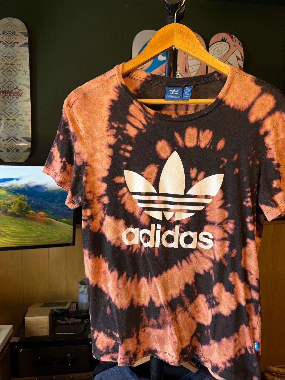 Adidas Men’s Custom Bleach Tie-Dye Orange-Black Trefoil Graphic Shortsleeve Tee